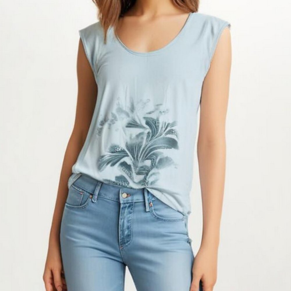 Baby Blue Floral Metallic Print Top Cap Sleeve Tunic Lightweight Long T-Shirt S